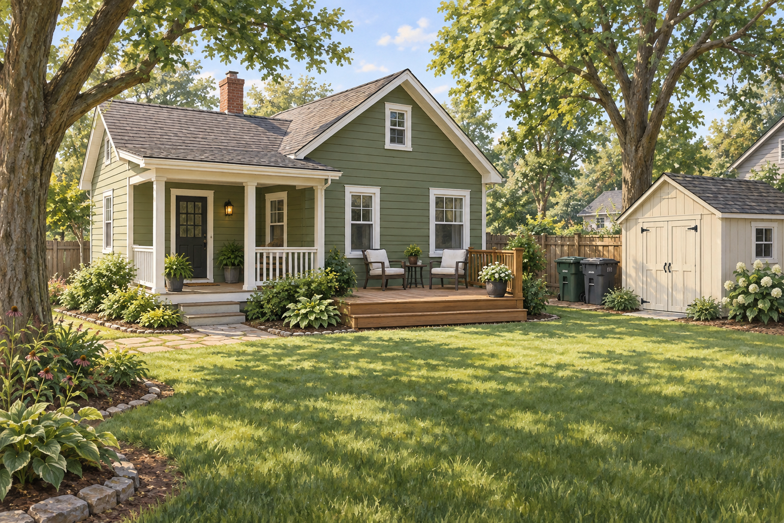 Illustrative backyard with a wooden deck, two chairs and cream storage shed; not a customer property photograph.