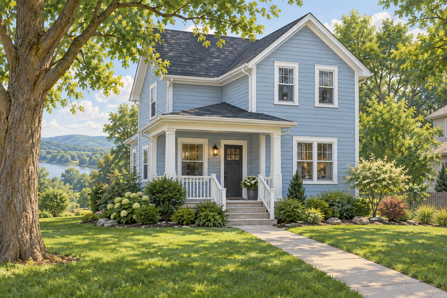 Illustrative pale-blue two-story home with a covered porch and walkway; not a customer property photograph. Illustrative pale-blue two-story home with a covered porch and walkway; not a customer property photograph.
