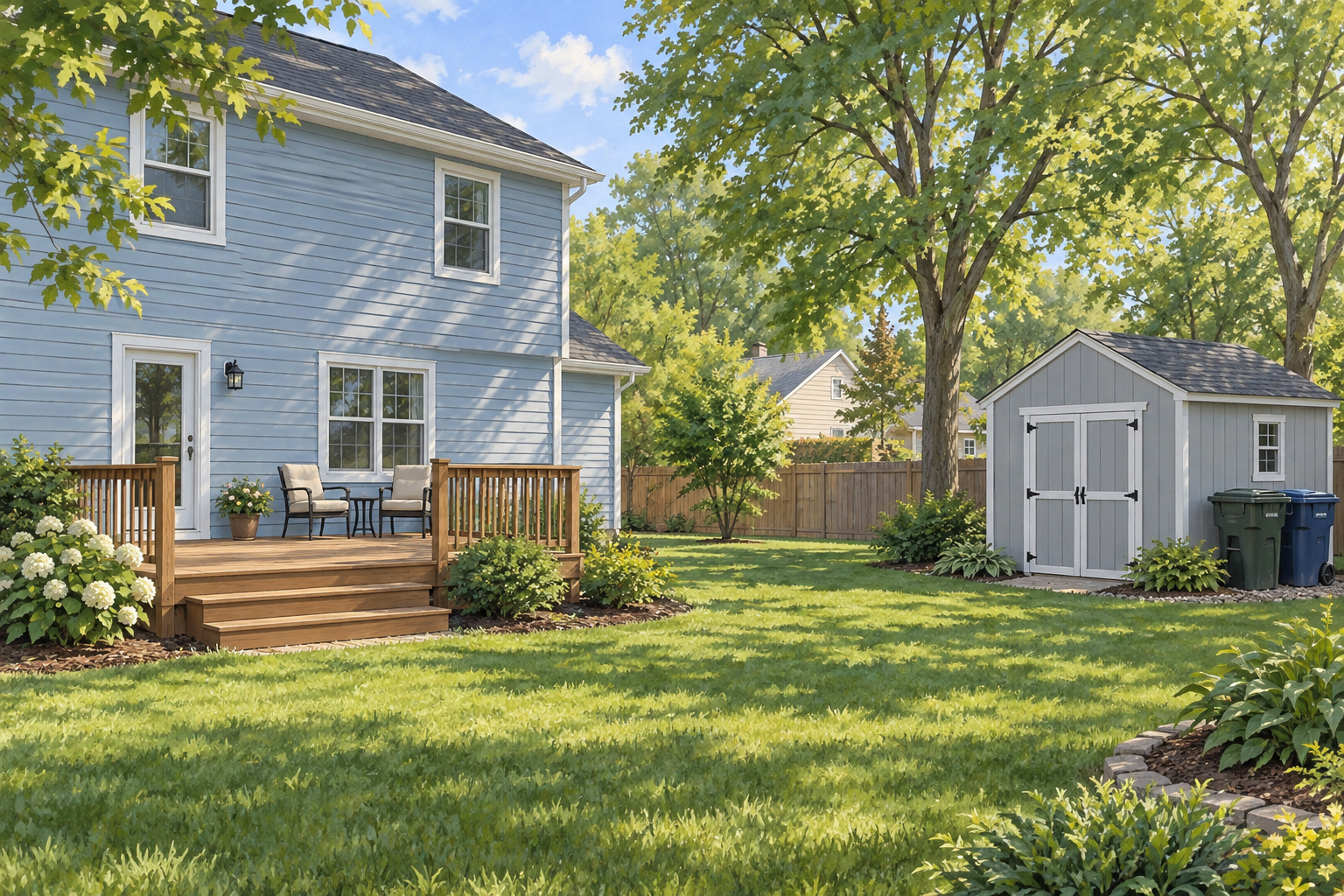 Illustrative pale-blue home backyard with a wooden deck, chairs and garden shed; not a customer property photograph. Illustrative pale-blue home backyard with a wooden deck, chairs and garden shed; not a customer property photograph.