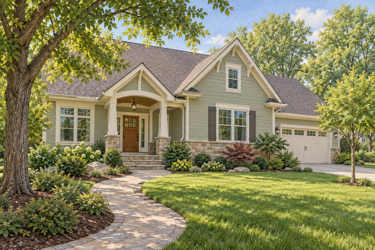 Illustration of a pale-sage gabled home with a curved front walk; not a customer property photograph.