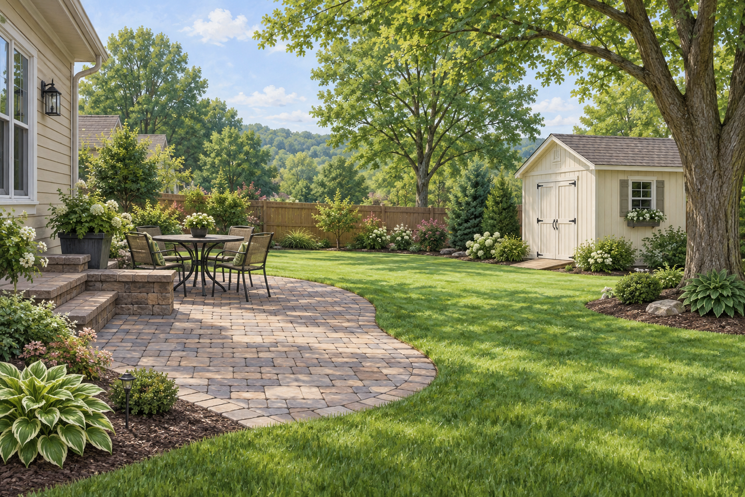 Illustration of a backyard with a paver patio and cream garden shed; not a customer property photograph.