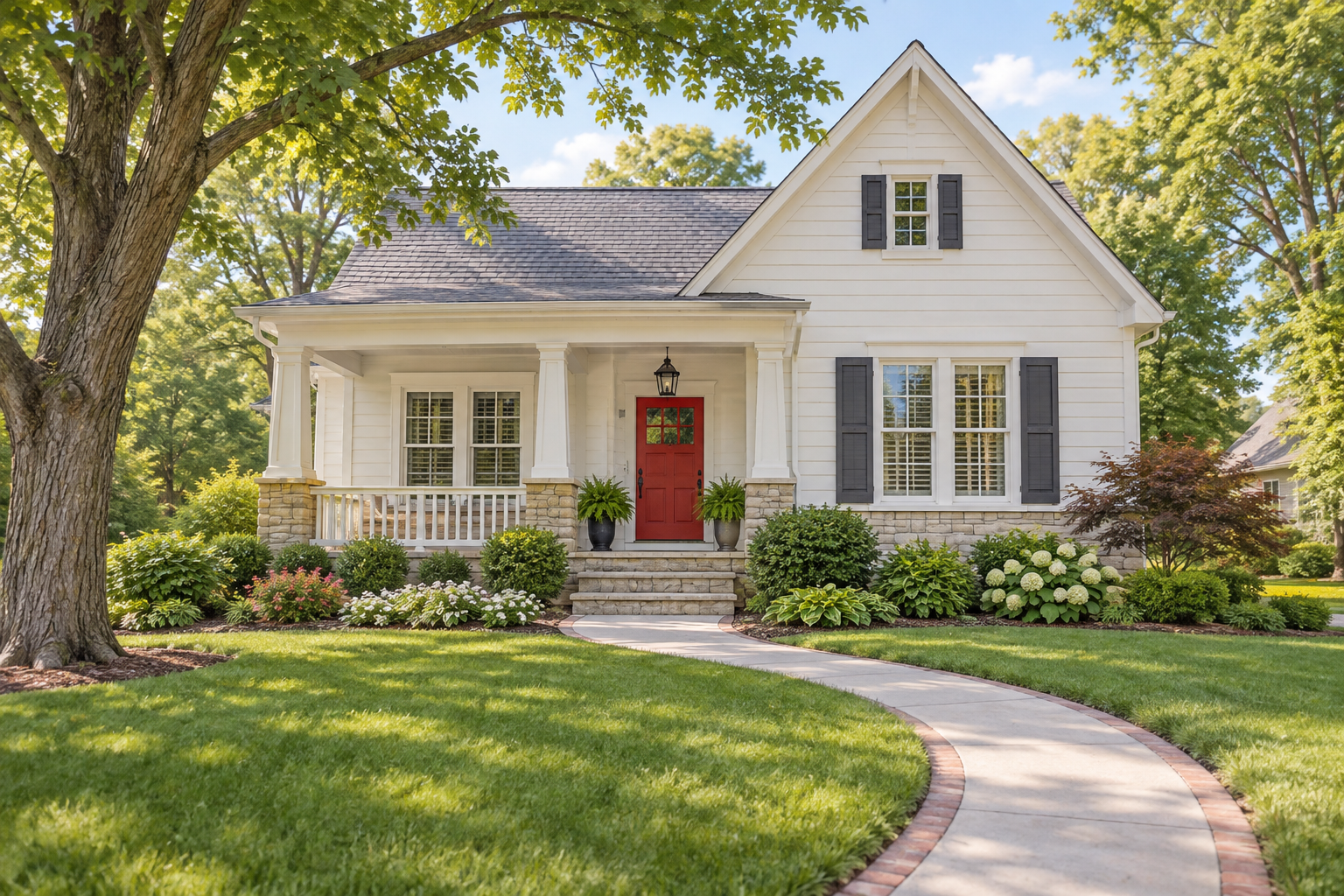 Illustrative pearl-white cottage with a red front door, small porch and curved walk; not a customer property photograph. Illustrative pearl-white cottage with a red front door, small porch and curved walk; not a customer property photograph.
