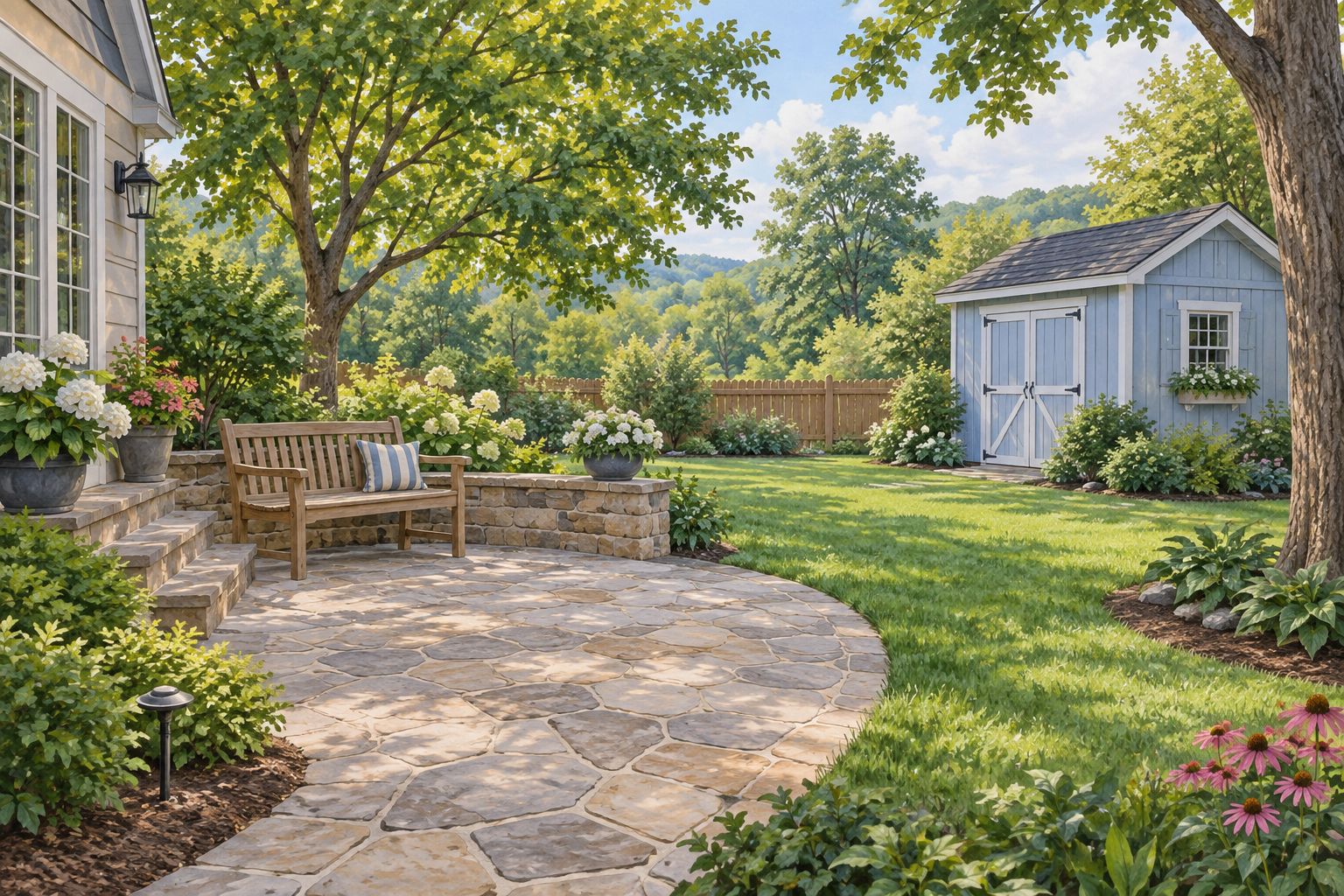 Illustrative backyard with a stone patio, wooden bench and pale-blue shed; not a customer property photograph. Illustrative backyard with a stone patio, wooden bench and pale-blue shed; not a customer property photograph.