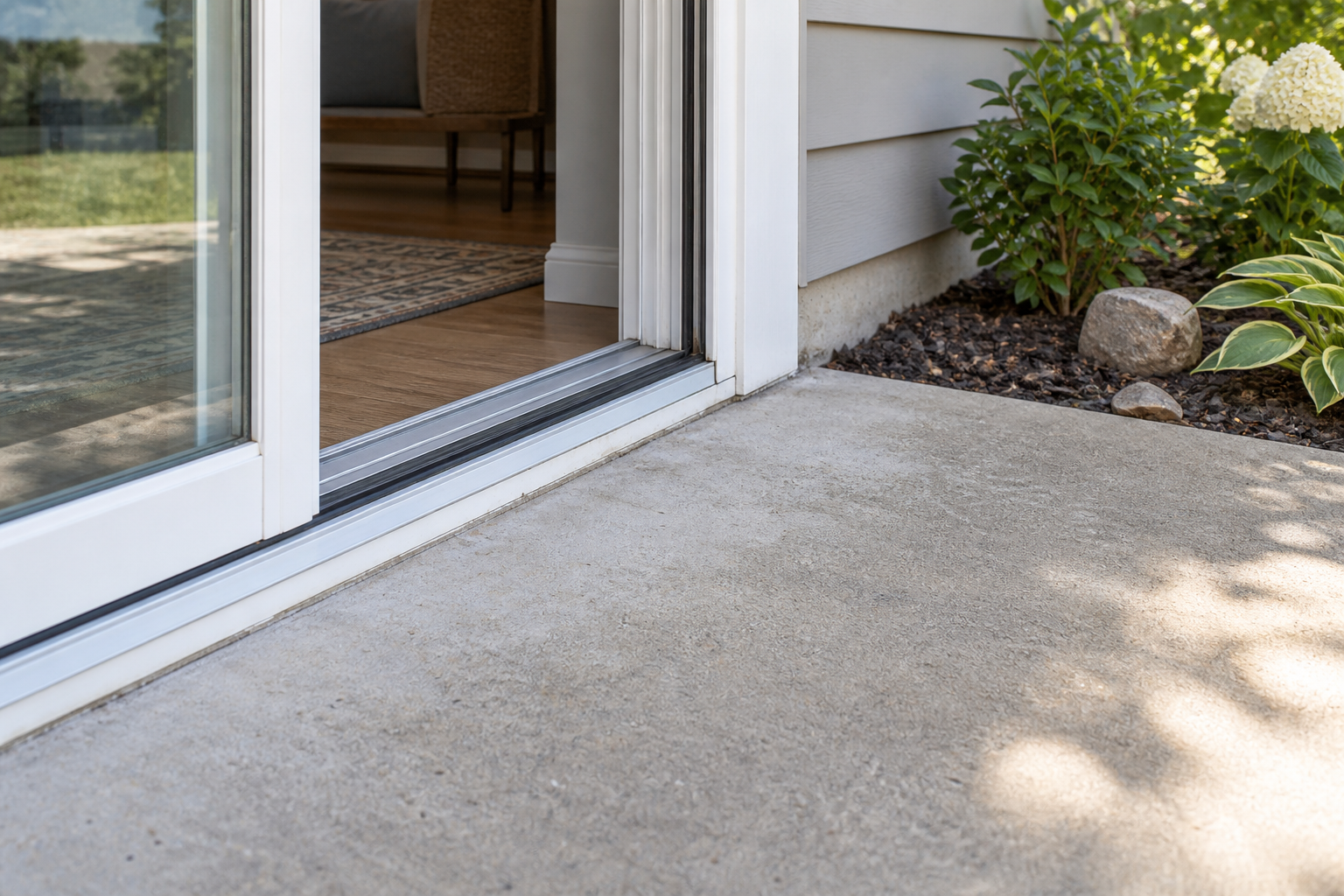 Illustrative patio-door threshold and planting border, showing an entry area to include in routine home pest-prevention checks.