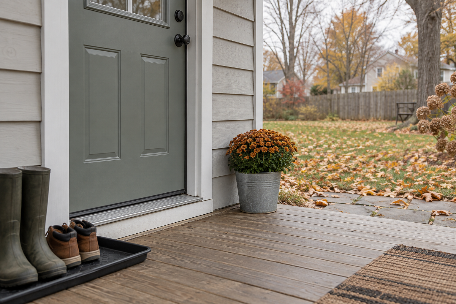 Illustrative autumn porch and door threshold for planning before-winter mouse-prevention checks.