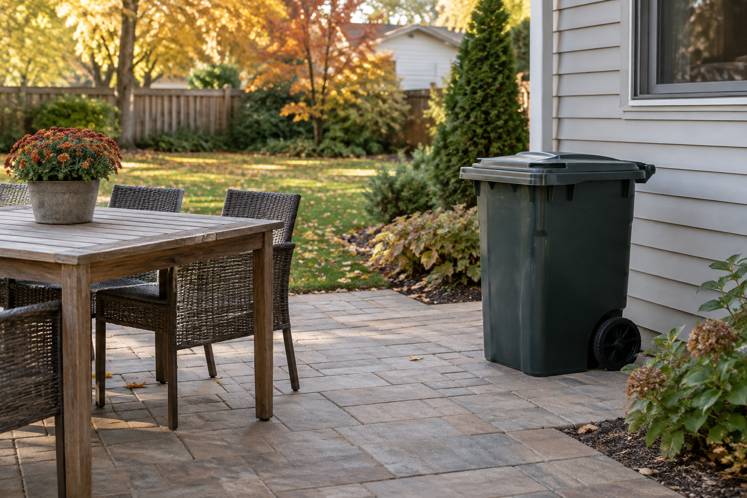 Illustrative autumn patio with a closed waste bin and clear outdoor table, supporting fly and wasp prevention guidance.