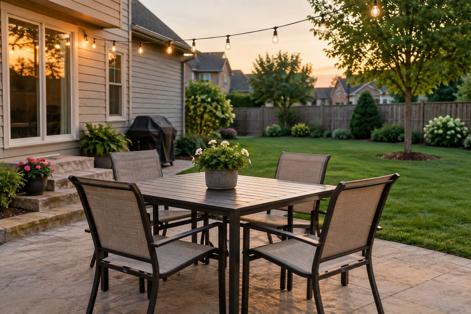 Illustrative backyard dining area prepared for an outdoor gathering, providing context for mosquito service planning.