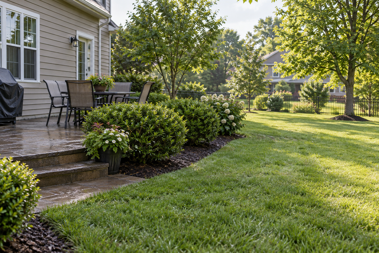 Illustrative mown backyard and patio after light rain, providing context for mosquito and tick service follow-up.