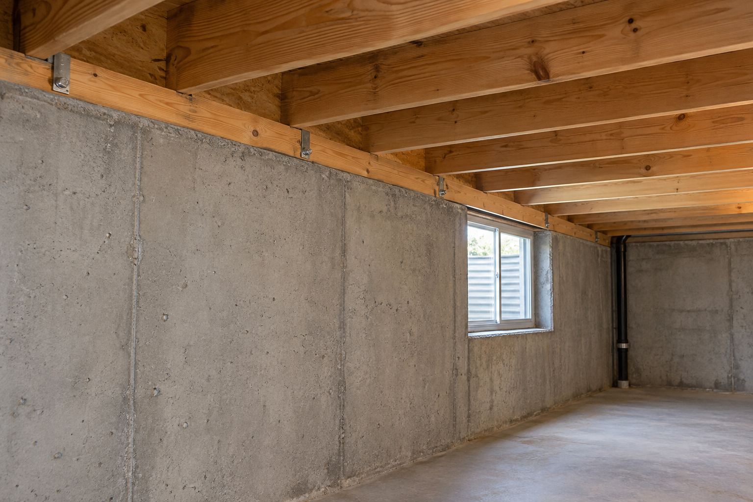 Illustrative unfinished basement showing exposed wood framing and a foundation wall for an inspection discussion.