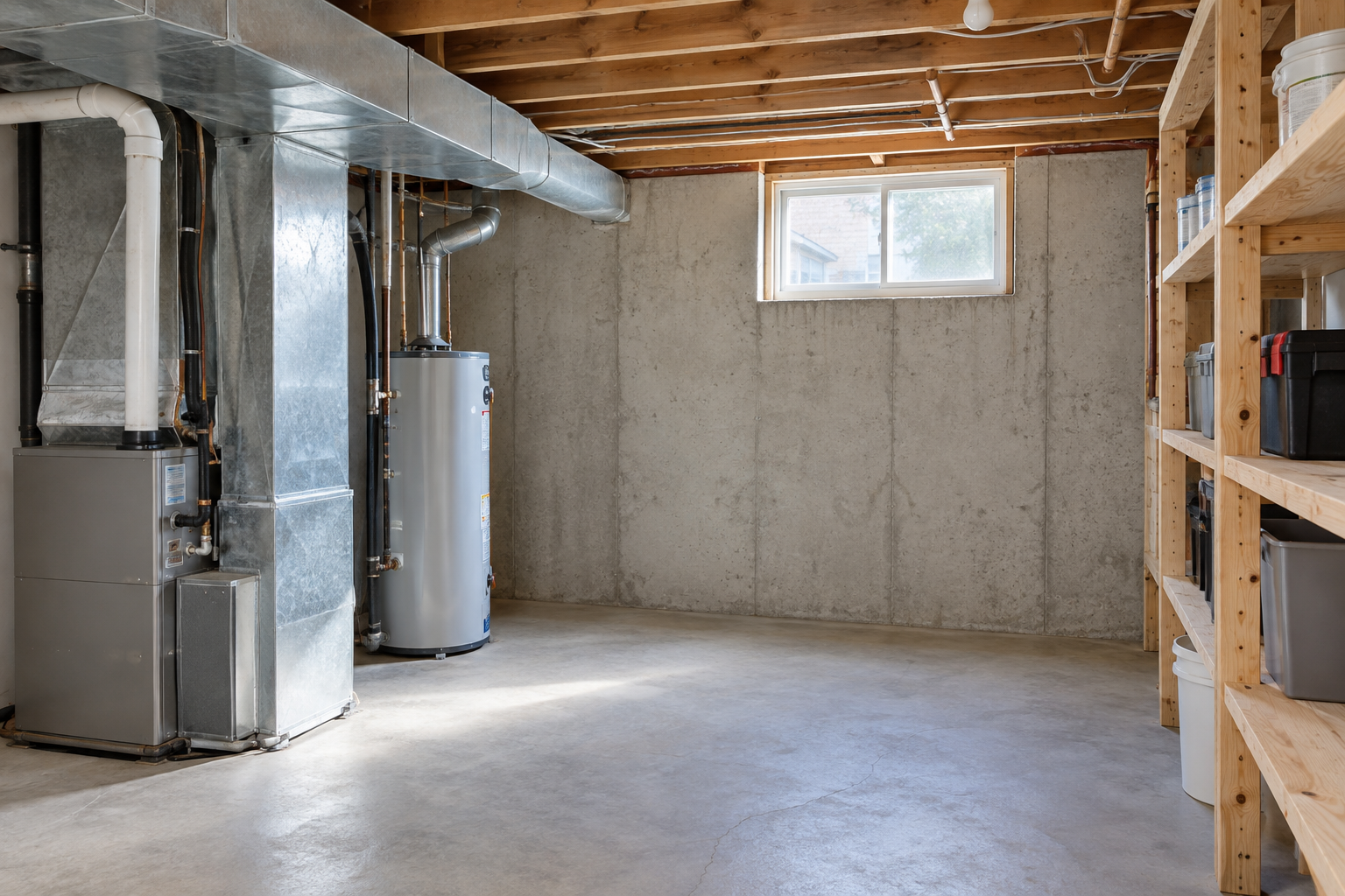 Illustrative accessible basement with exposed floor joists and a clear foundation wall for inspection.