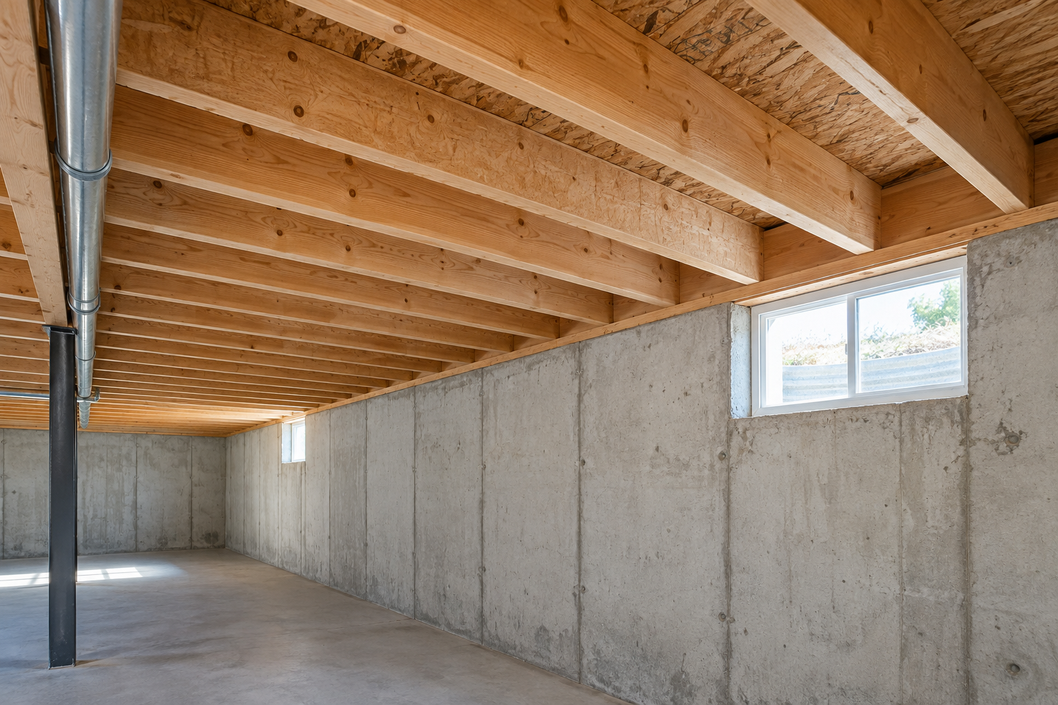 Illustrative unfinished basement with exposed wood floor joists and a concrete foundation wall.