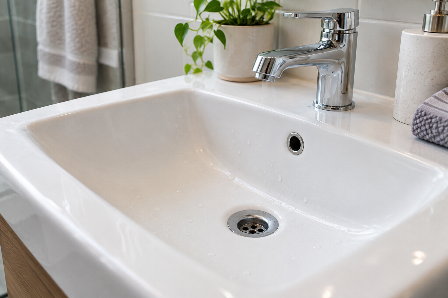 Illustrative bathroom sink drain and overflow opening, showing areas relevant to drain care and drain-fly prevention.