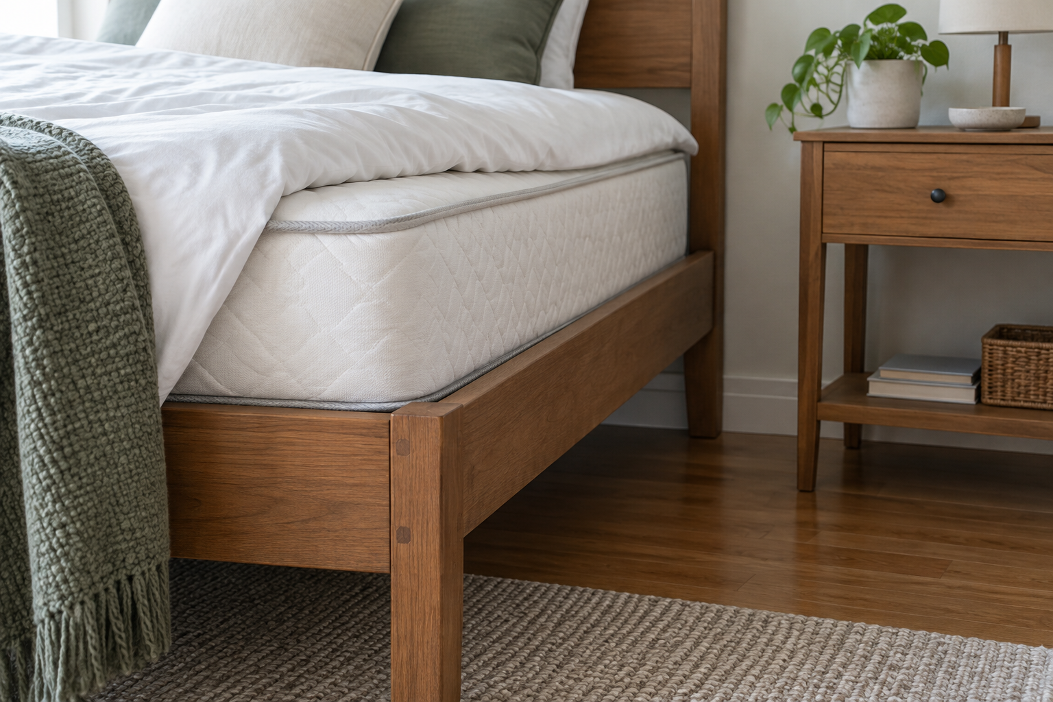 Illustrative mattress edge, bed-frame corner and bedside table, showing areas to examine during a bed bug inspection.