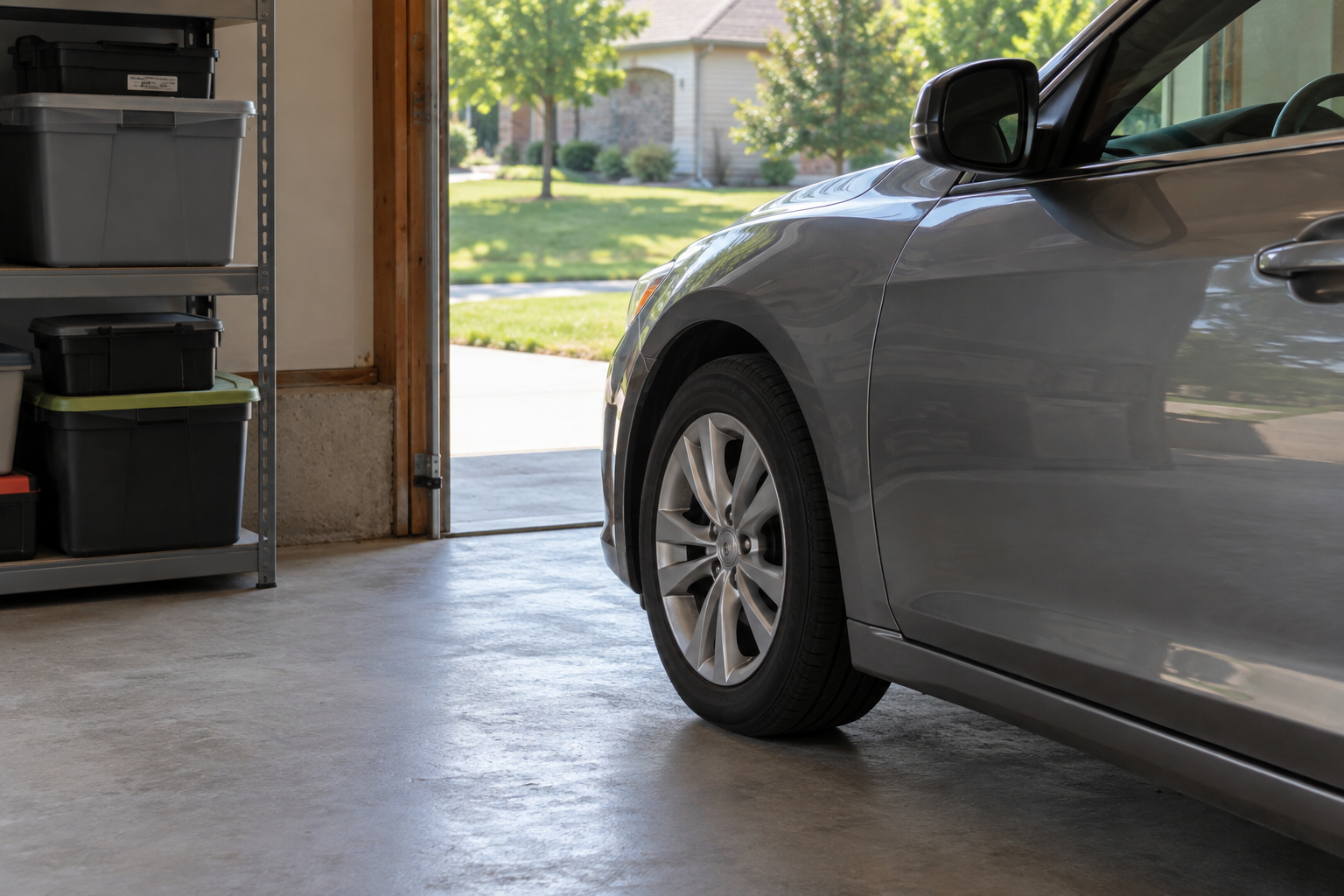 Illustrative vehicle parked in an organized garage with closed storage containers and clear floor space around the tires.