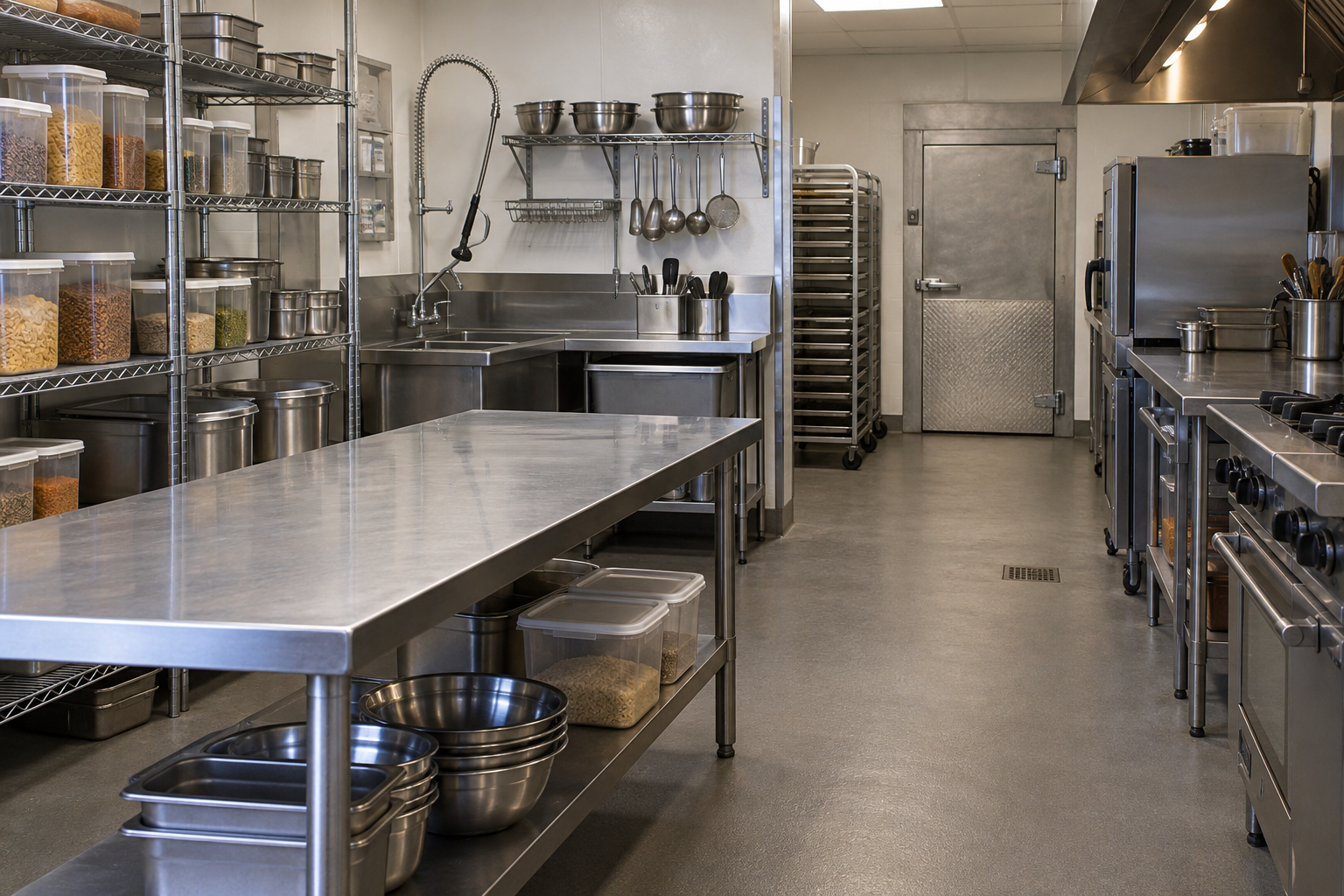 Illustrative commercial kitchen, showing a food-handling setting where cockroach concerns require identification and service planning.