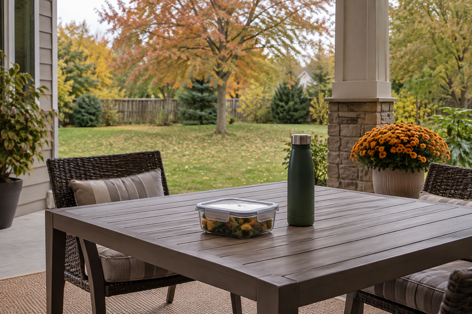 Illustrative covered patio table with sealed food and a capped drink, supporting outdoor fly and wasp prevention tips.