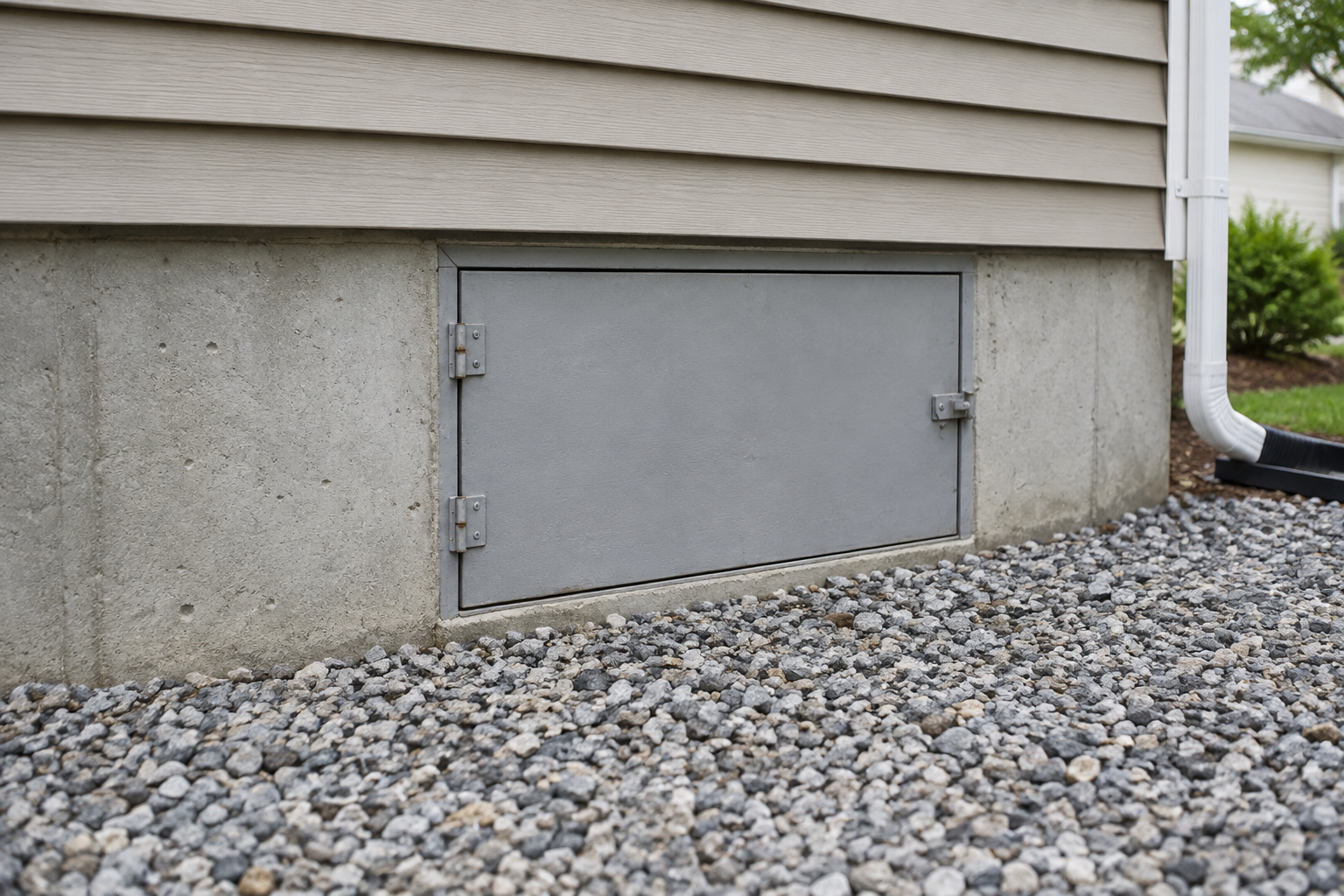 Illustrative closed crawlspace access panel in a house foundation with a clear gravel approach.