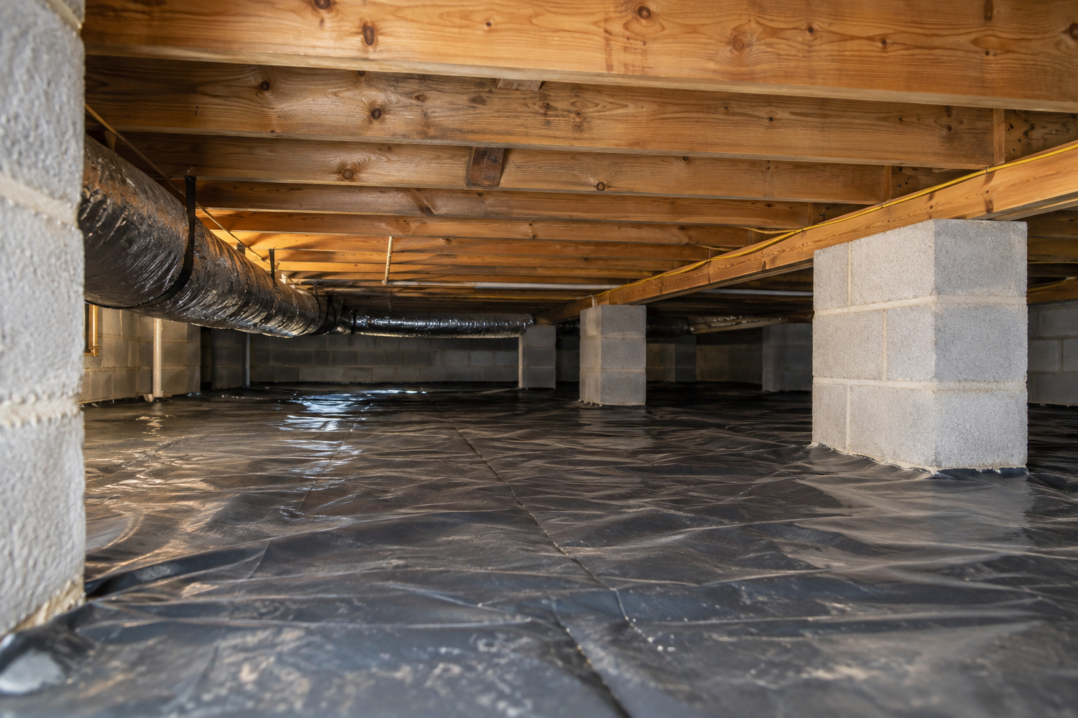 Illustrative crawlspace viewed from its entrance, showing wood framing, masonry supports and a ground vapor cover.