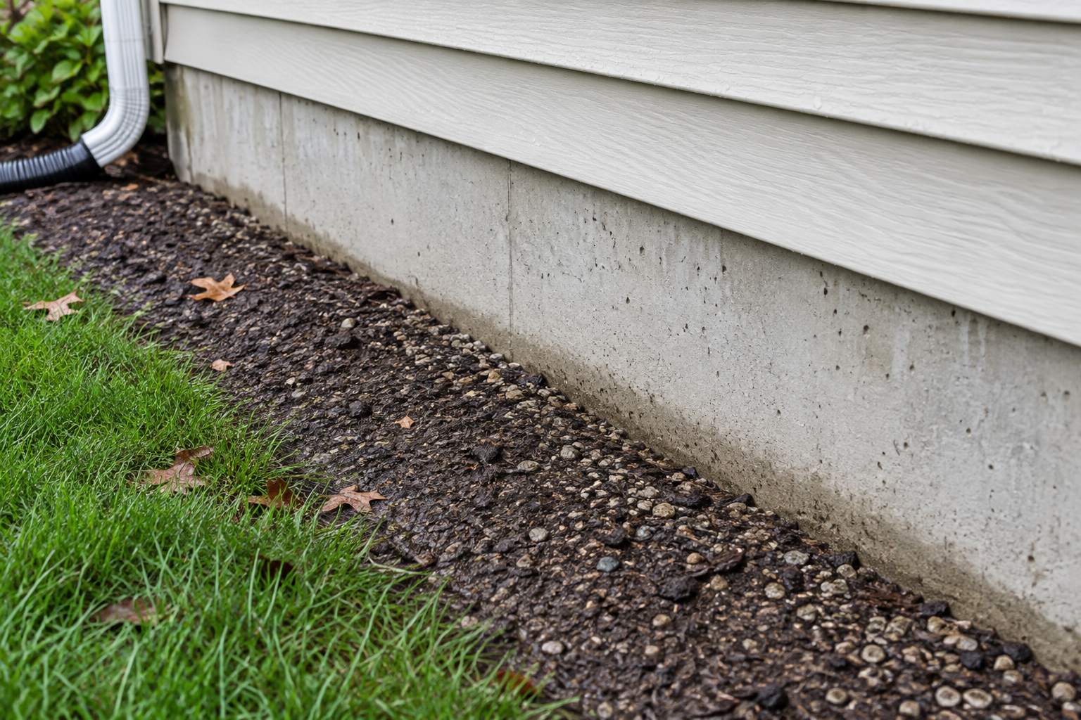Illustrative house foundation beside damp soil and gravel after rain, an area for routine exterior pest checks.