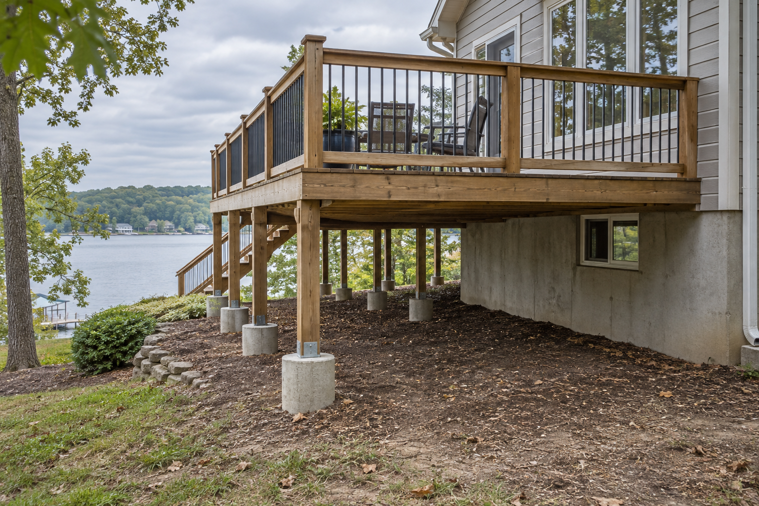 Illustrative lakeside home with an accessible foundation and raised deck supported above the soil.