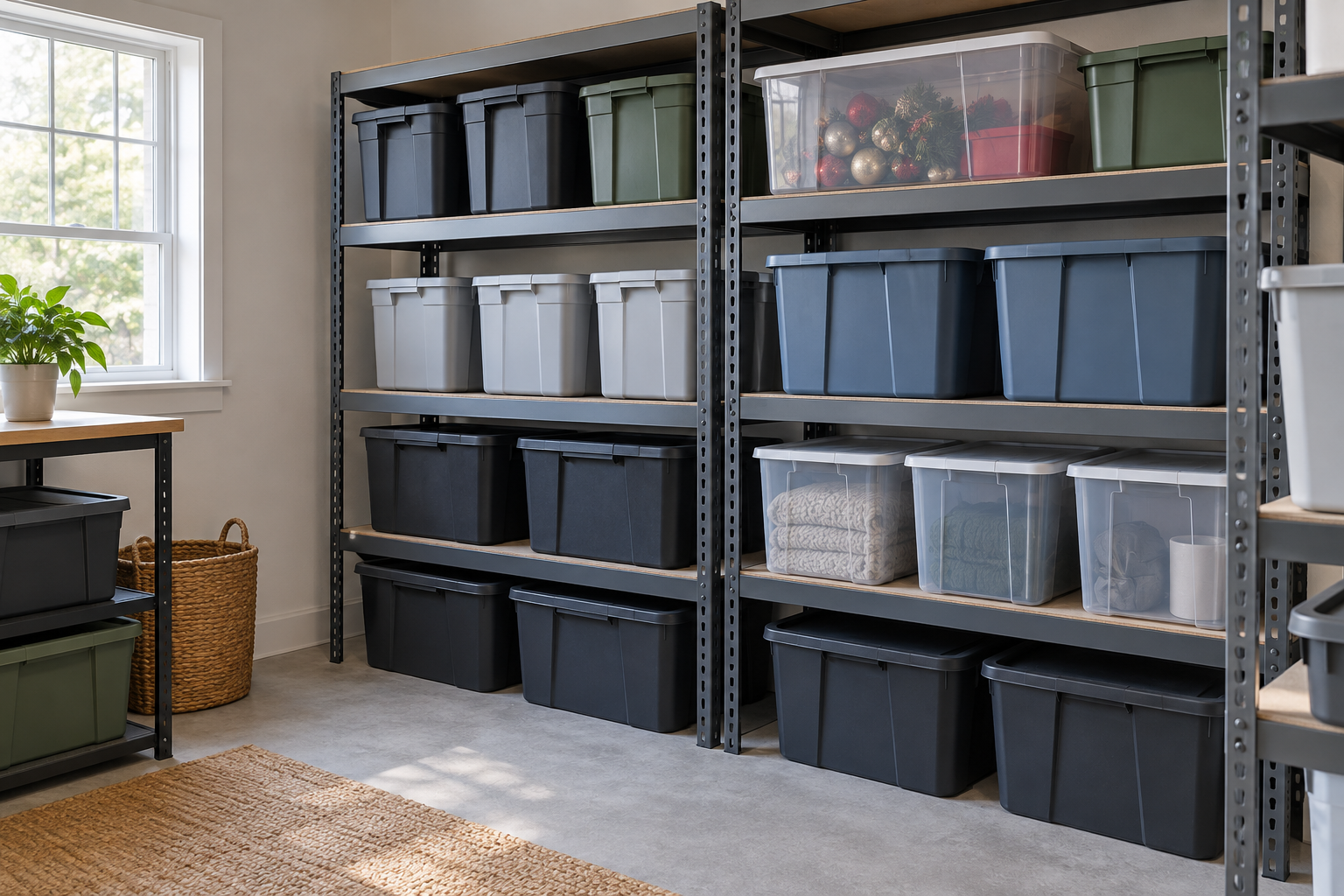 Illustrative organized storage room with closed plastic totes and seasonal decorations on sturdy shelving.