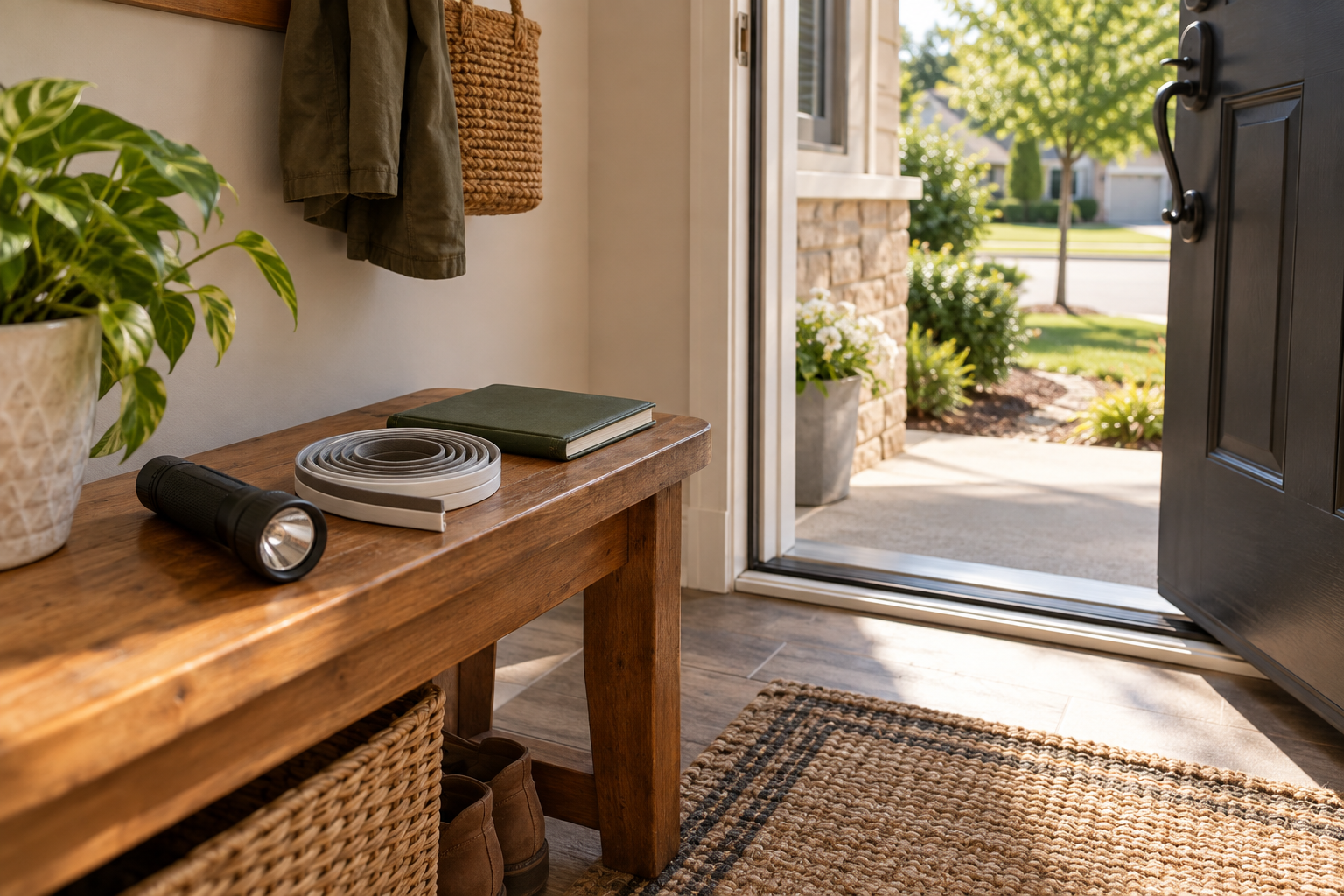 Illustrative home entryway with weatherstripping, a flashlight and a notebook for pest-prevention planning.