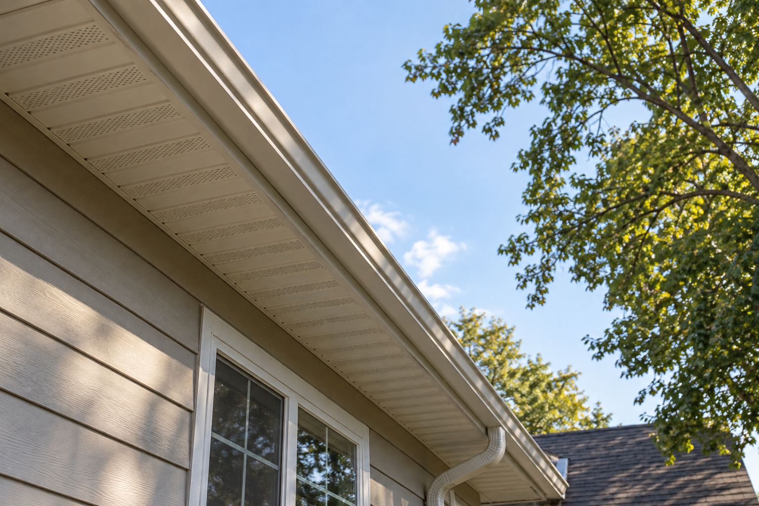 Illustrative view along a home roofline showing soffit, fascia and gutter with nearby tree branches.