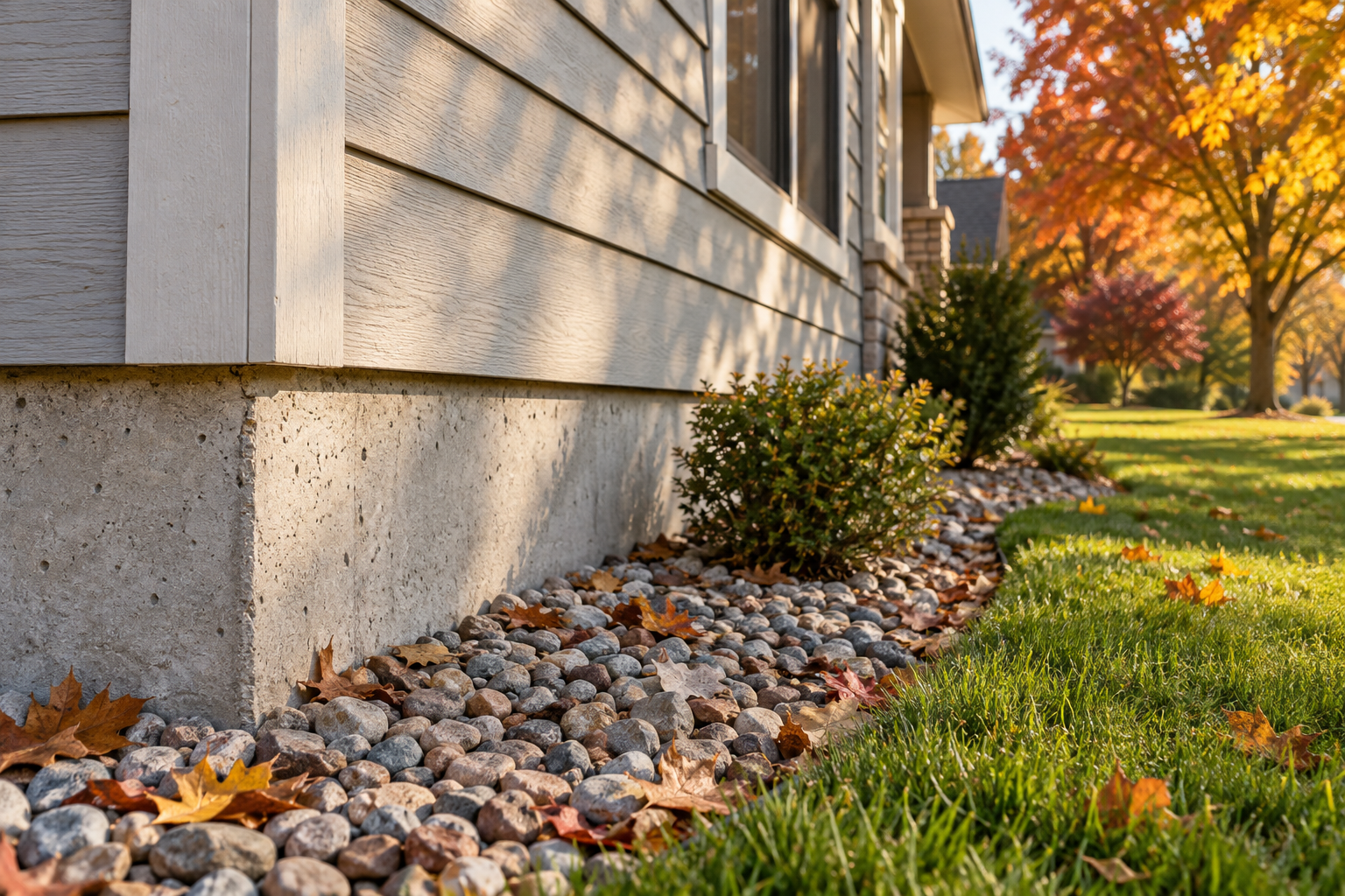 Illustrative home foundation and exterior trim with a gravel border and autumn foliage.