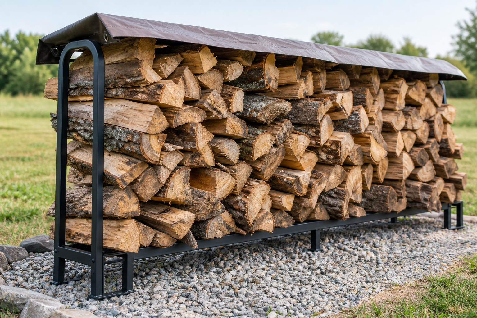 Illustrative split firewood stored above gravel on a raised rack, with a top cover and open sides for airflow.