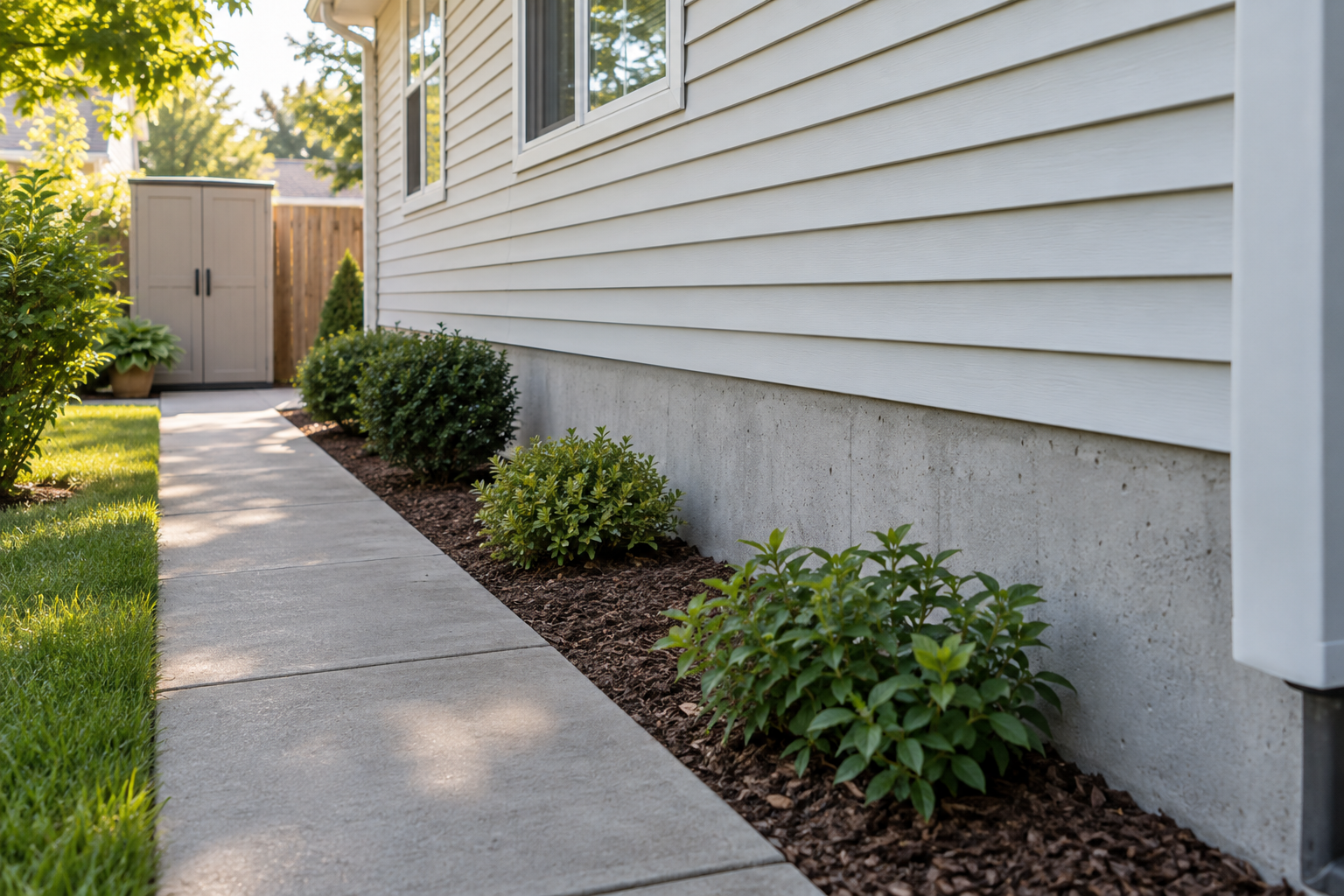 Illustrative side path and home foundation with accessible areas for observing recurring pest activity.