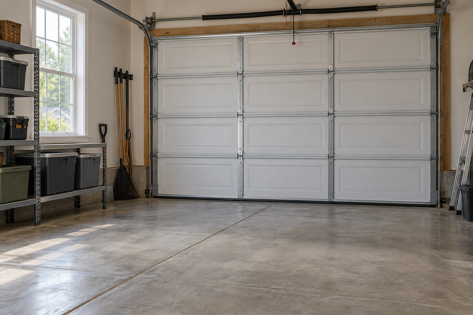 Illustrative residential garage with a visible door threshold and organized storage for a property assessment discussion.