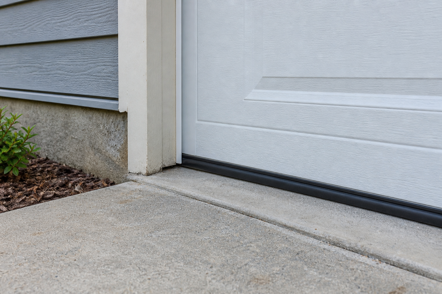 Illustrative garage door bottom seal and concrete threshold, showing an exterior area to check for possible mouse entry gaps.