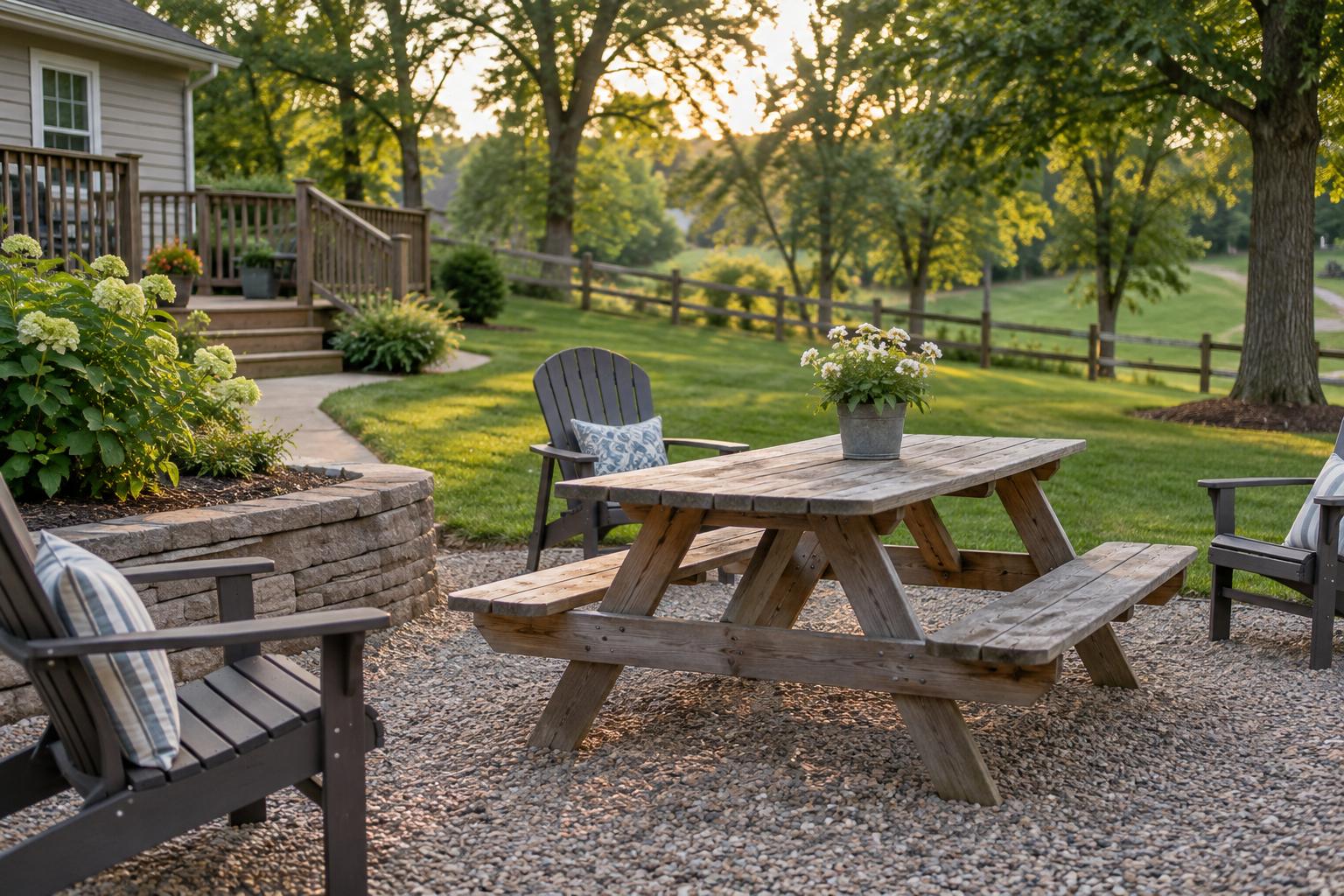 Illustrative picnic table and seating in a maintained residential yard for outdoor gathering and mosquito service planning.