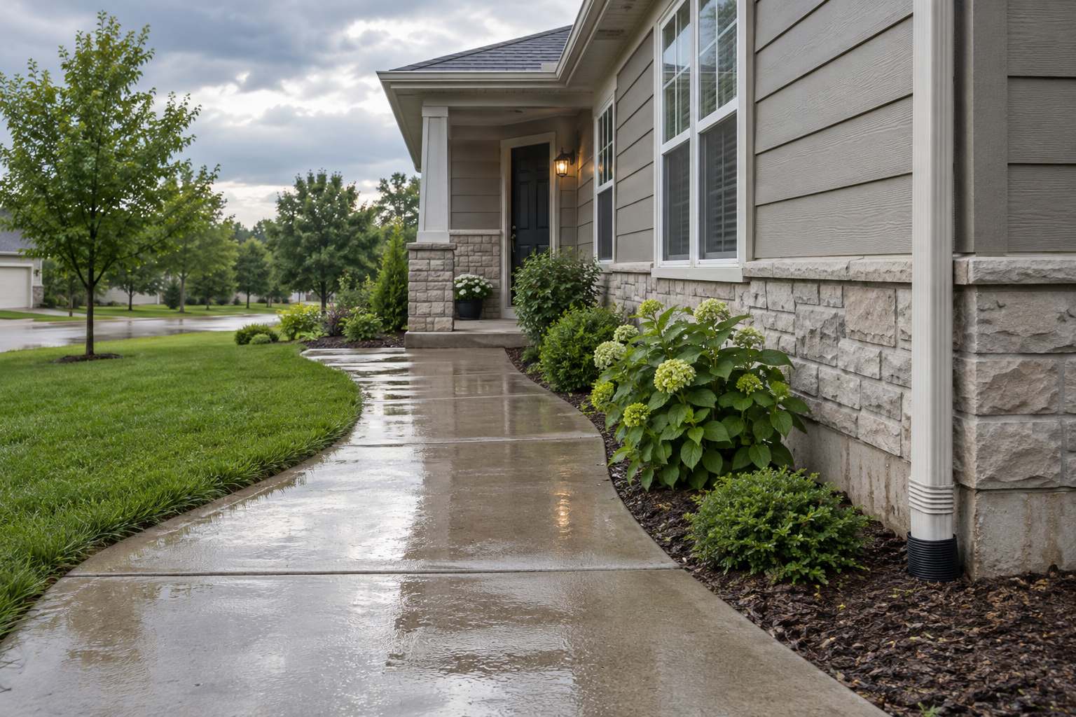 Illustrative home exterior with a damp walkway and visible foundation after rain.