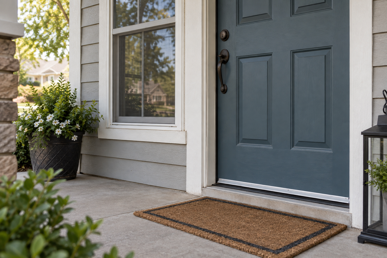 Illustrative home entrance with a fitted door threshold and screened window.