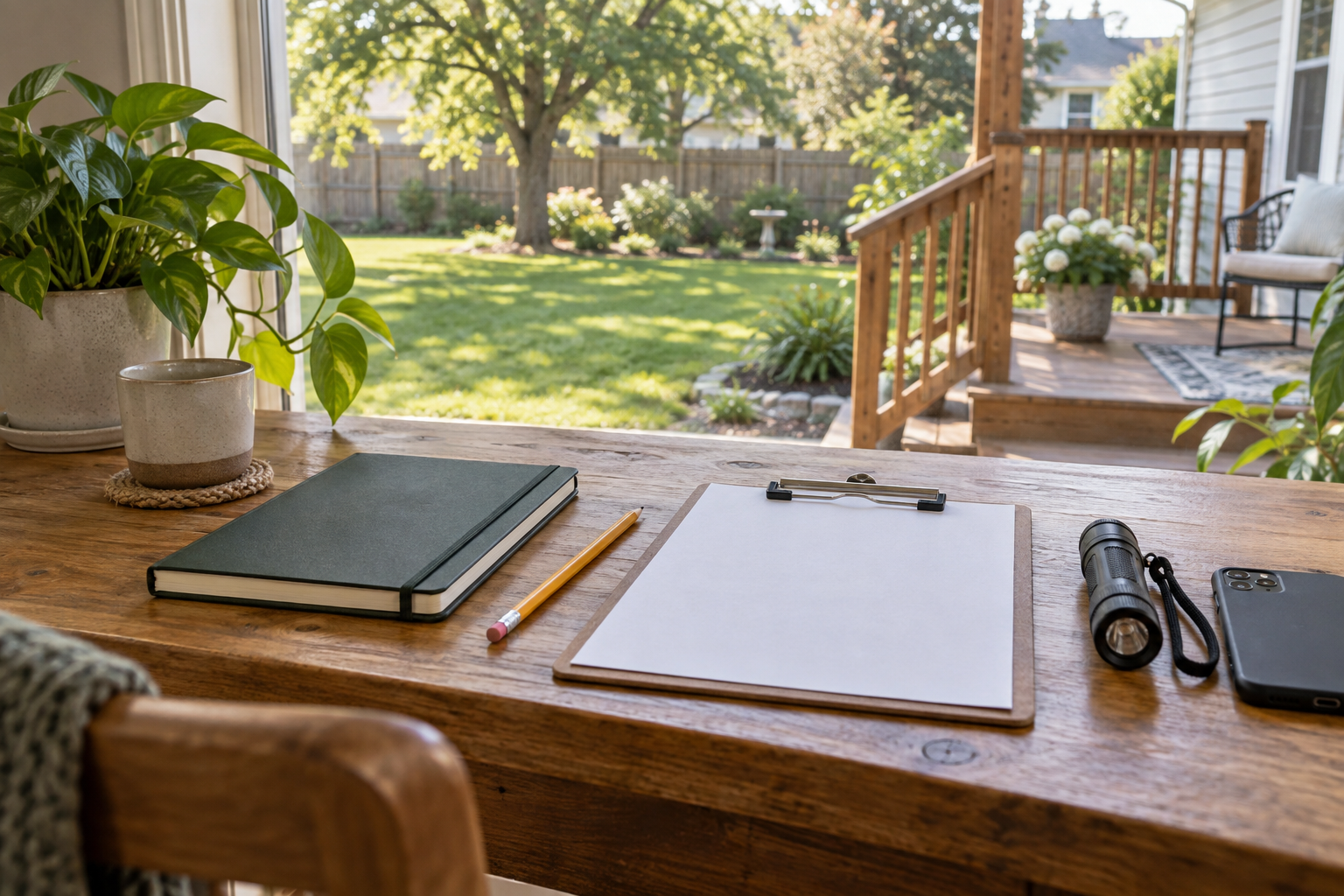 Illustrative home-maintenance planning materials with a notebook, clipboard and flashlight.