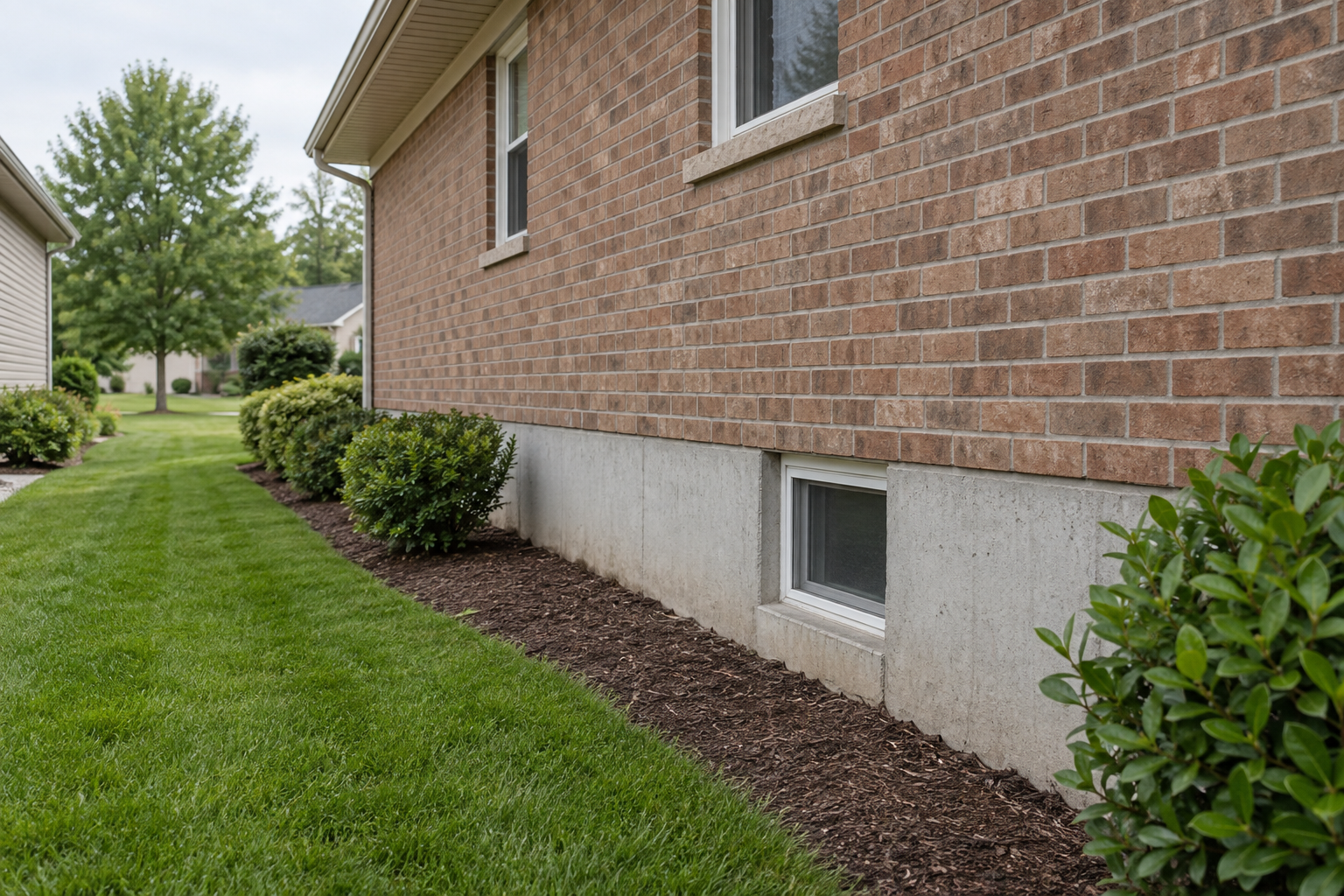 Illustrative brick home with exposed foundation and an accessible side yard for inspection.