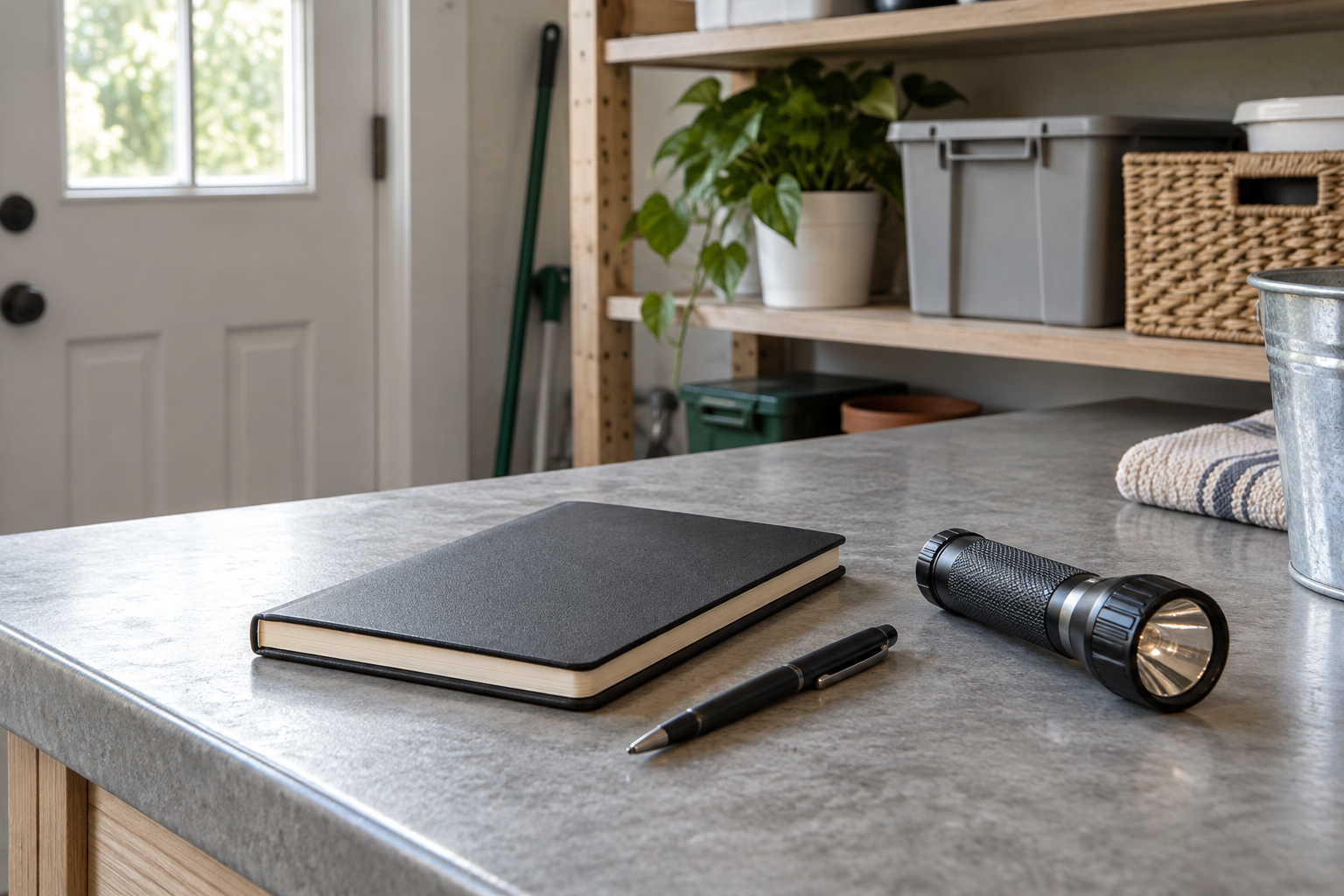Illustrative notebook, pen and flashlight in a utility area, providing context for recording household pest observations.