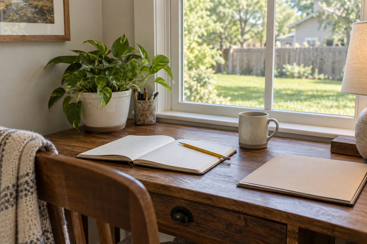 Illustrative home desk with an open notebook, pencil and folder for organizing annual property-care plans.