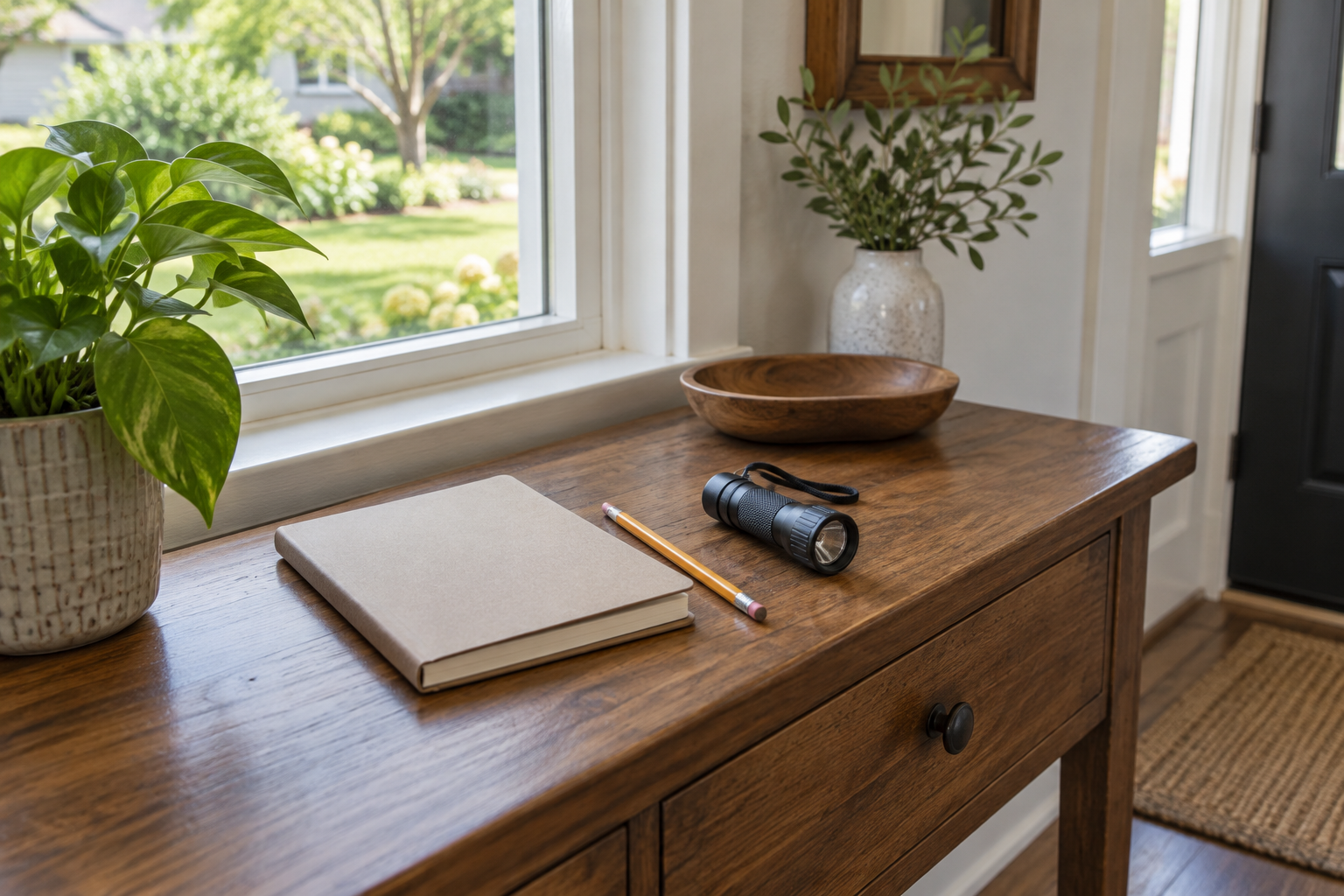 Illustrative notebook, pencil and flashlight by a window, representing preparation for an insect-identification and property-inspection visit.