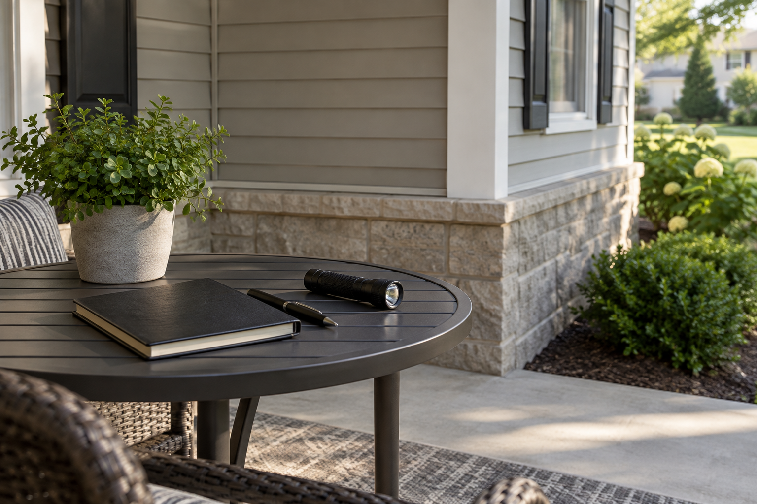 Illustrative porch scene with a notebook and flashlight for planning questions before a pest inspection.