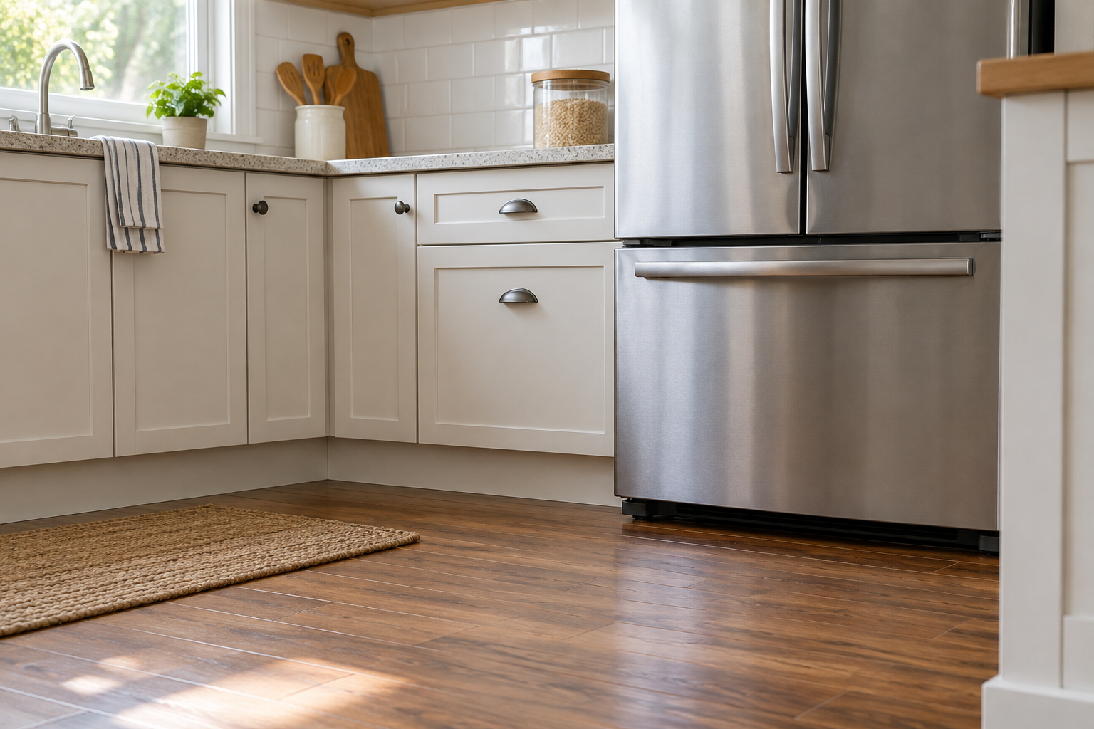 Illustrative refrigerator and cabinet floor edges in a kitchen, providing context for cockroach monitoring and service preparation.