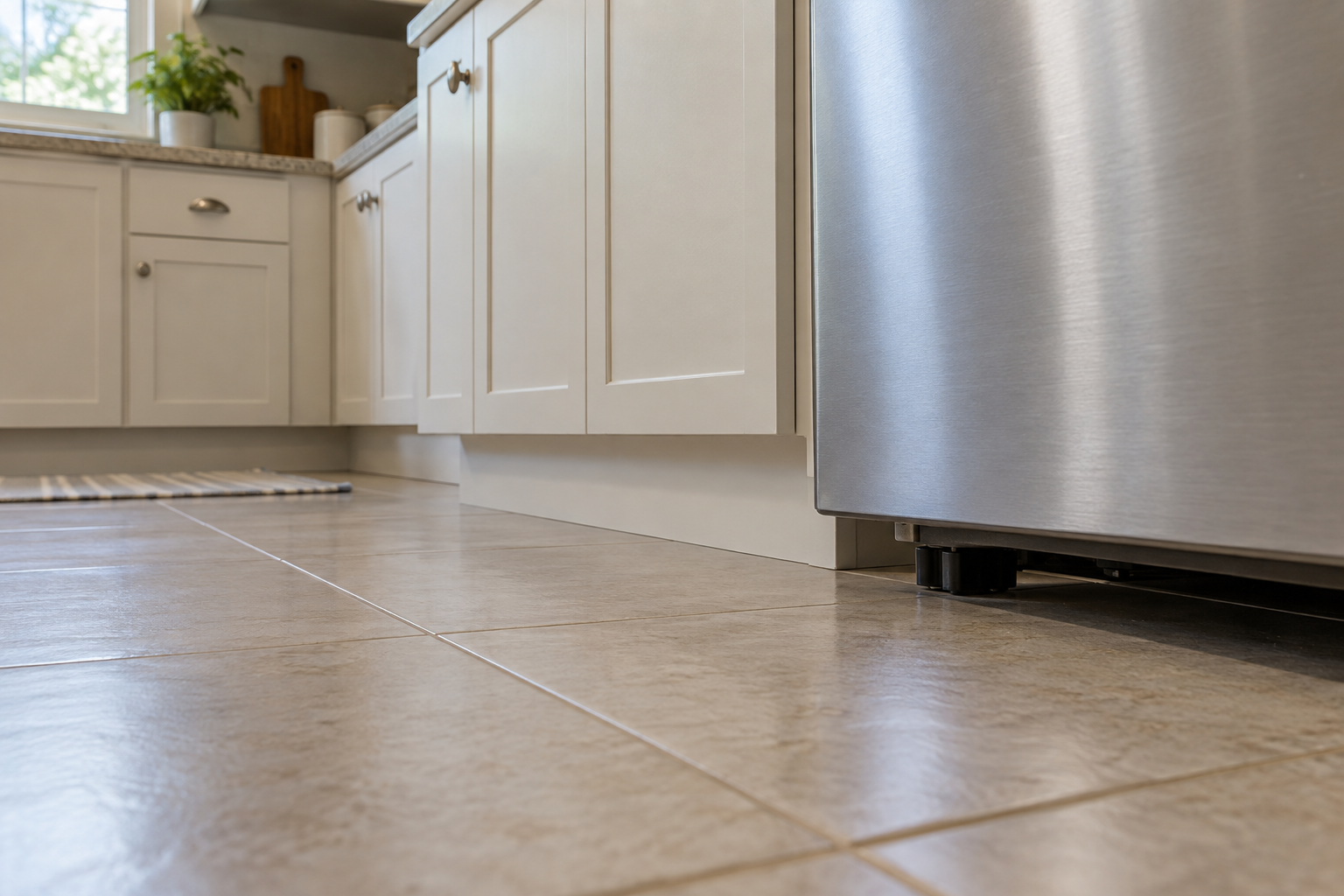 Illustrative kitchen floor showing cabinet toe-kicks and the lower edge of a refrigerator.