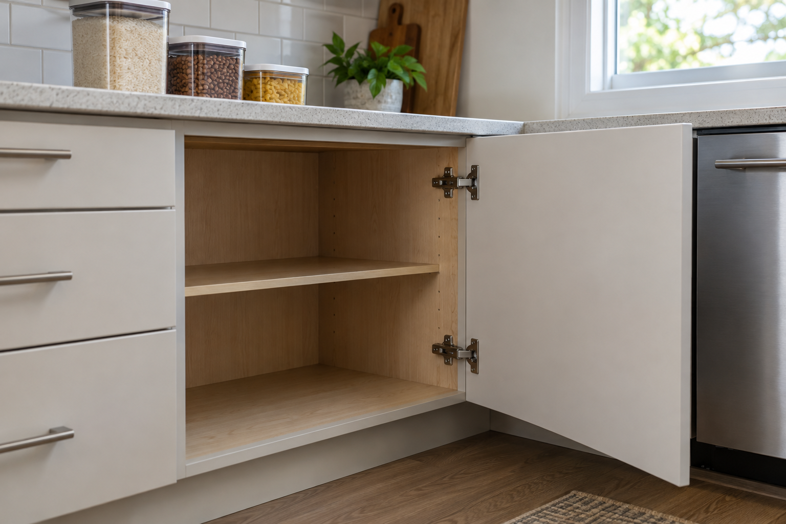 Illustrative cleared kitchen cabinet with food secured nearby, showing accessible shelves for service preparation.
