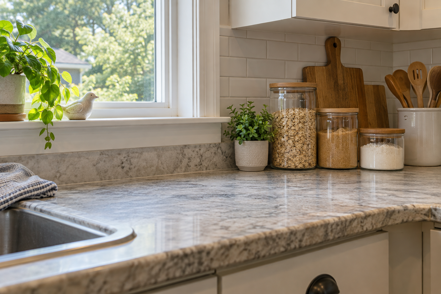 Illustrative kitchen counter with sealed food containers and a window sill to inspect for pest activity.