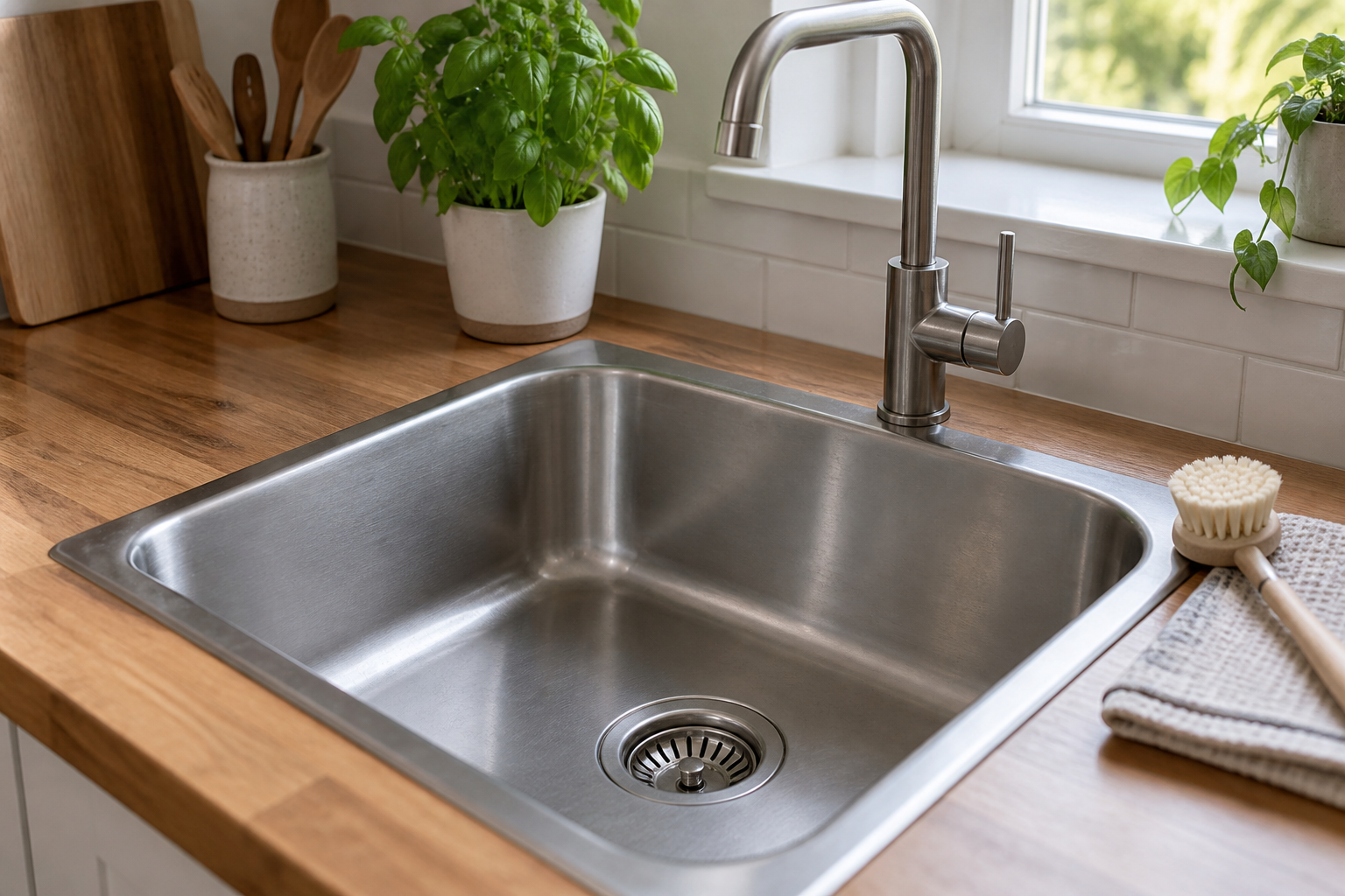 Illustrative clean kitchen sink and drain with a dish brush on a dry counter.