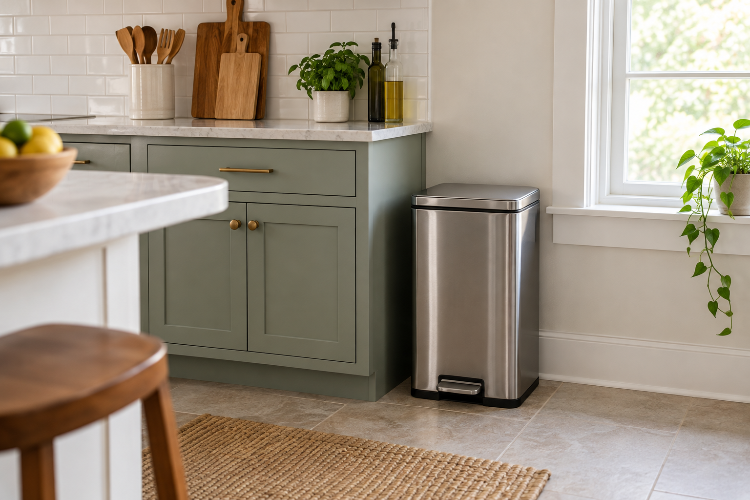 Illustrative lidded household trash bin in a tidy kitchen with an uncluttered counter.