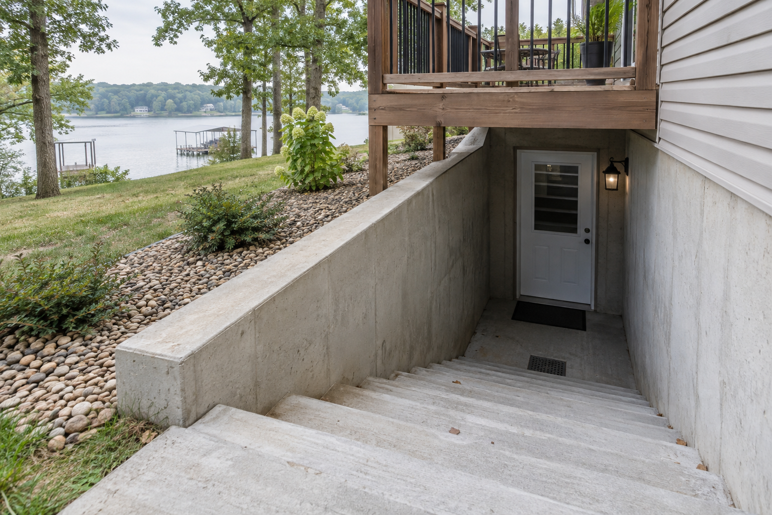 Illustrative lakeside home with an accessible exterior basement entrance and concrete foundation.