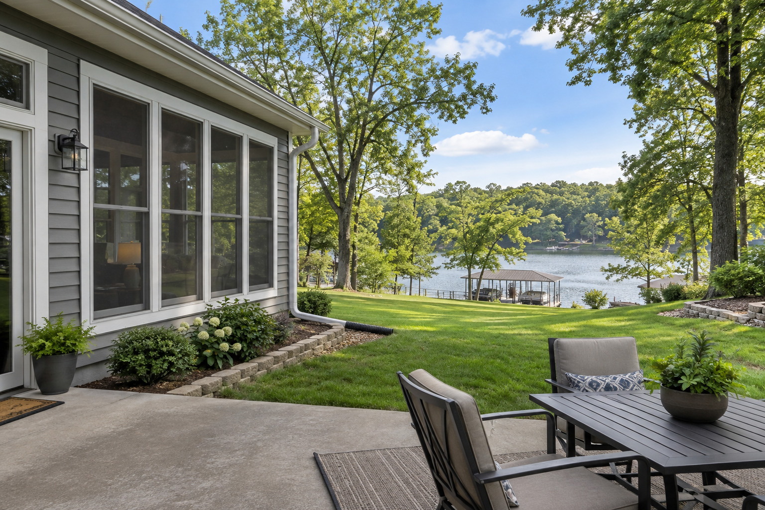 Illustrative lakeside Missouri home with a screened porch, maintained lawn and patio.