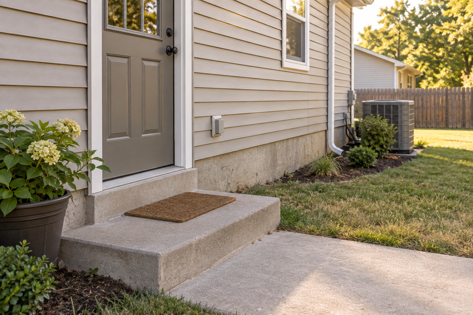 Illustrative side entry and accessible foundation in late summer, showing areas for routine pest checks.